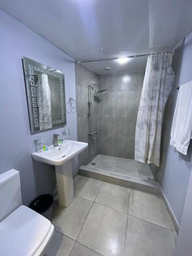 Un baño con lavabo, ducha e inodoro. en ABC Yerevan, en Ereván