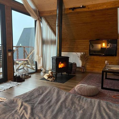 a living room with a fireplace in a log cabin at Cottage Toladi in Kazbegi