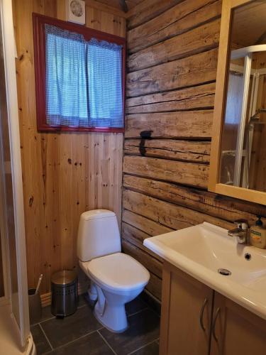 a bathroom with a toilet and a sink at Reine Harbour Cabins in Moskenes