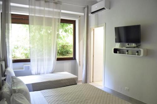 1 dormitorio con 2 camas y ventana con TV en Saint Peter Elegance Suite, en Roma