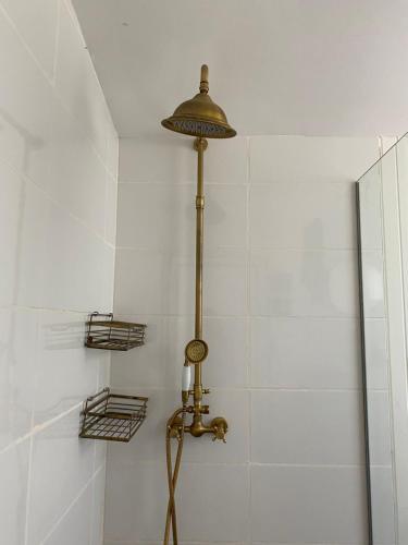 a shower with a brass light in a bathroom at Quinta da Maínha - Charming Houses - Escape to Nature in Braga