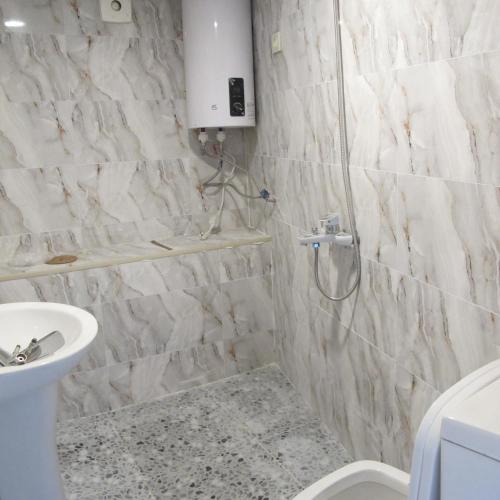 a bathroom with a shower and a toilet and a sink at GuestHouse Ellie- Elisabeth in Adishi