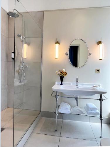 a bathroom with a sink and a shower at Hôtel Bristol Pau in Pau