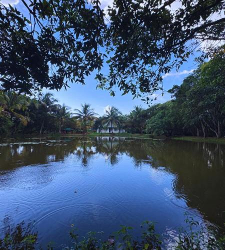a view of a pond with a house in the distance at The Shenu Lake House in Dandugama