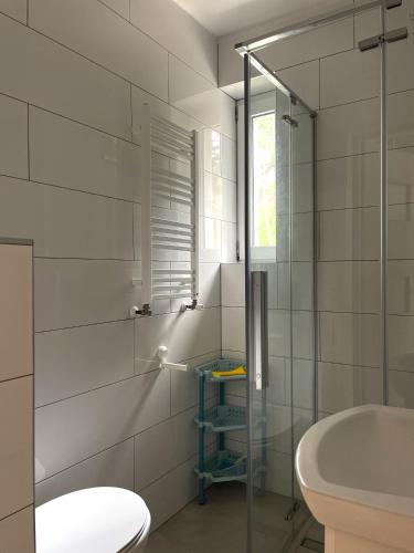 a bathroom with a shower and a toilet and a sink at Wynajem Pokoi JULIA in Krynica Morska