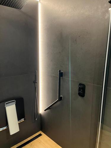 a shower with a glass door in a bathroom at Hostellerie La Claire Fontaine, Logis hôtels & Spa in La Roche-en-Ardenne