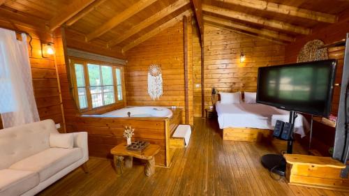 a living room with a tv and a tub in a cabin at פסגת מתת Pisgat mattat in Mattat