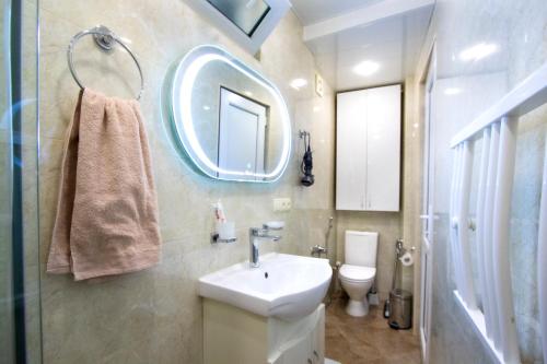 a bathroom with a sink and a mirror and a toilet at Cozy House And Yard Old Tbilisi Center in Tbilisi City
