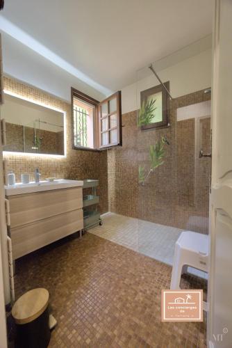une salle de bain avec une baignoire, un lavabo et une douche dans l'établissement Maison de la Rade, sea view and air conditioning, à Saint-Mandrier-sur-Mer