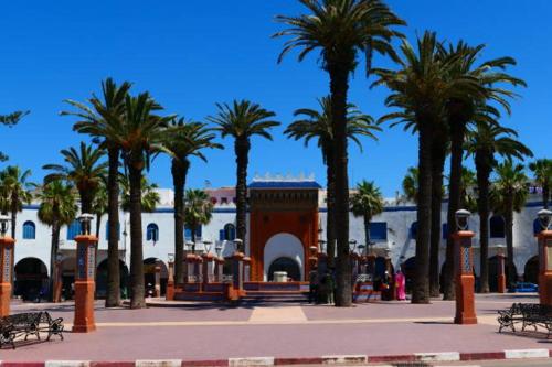 a group of palm trees in front of a building at Alojamiento Abdel in Larache