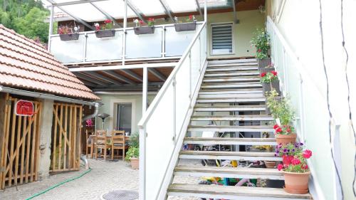 a staircase in a house with potted plants at Lerchenhof in Friesach