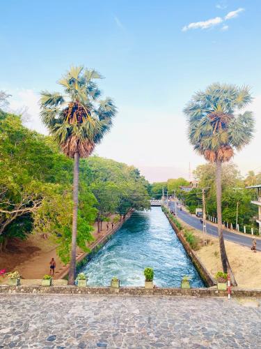 a river with palm trees on the side of a road at Sahan Tourist House in Polonnaruwa