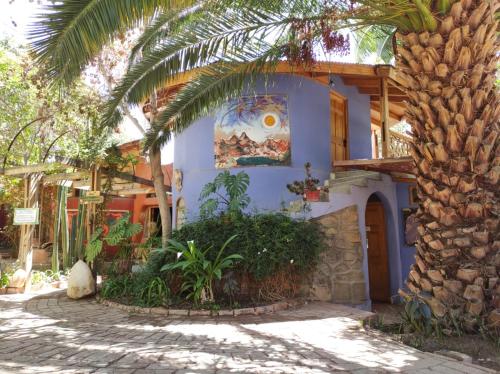 a house with a palm tree in front of it at El jardín secreto Pisco Elqui in Pisco Elqui