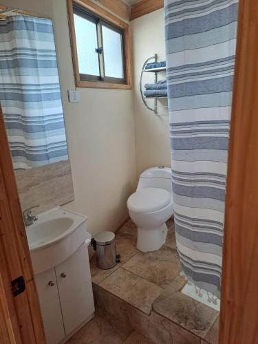 a bathroom with a toilet and a sink at El jardín secreto Pisco Elqui in Pisco Elqui