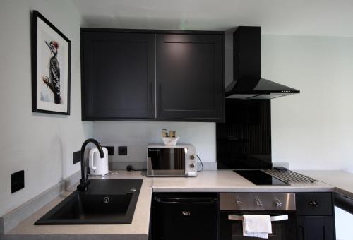 a kitchen with black cabinets and a sink at River Logie Lodges in Westfield