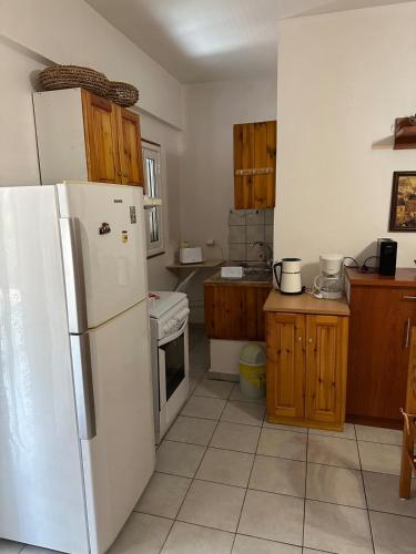 a kitchen with a white refrigerator and wooden cabinets at Petreas Studio in Kardamili