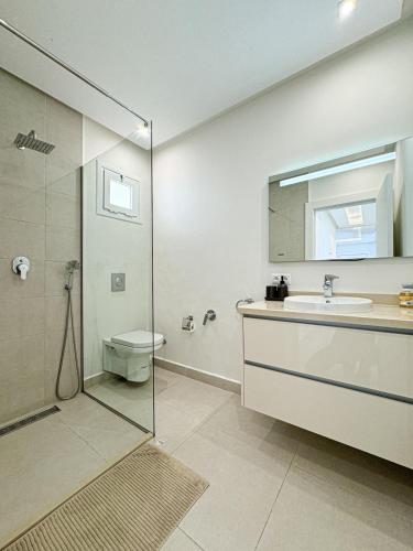 a bathroom with a shower and a sink and a toilet at Marina beach pied dans l eau in Marina Smir