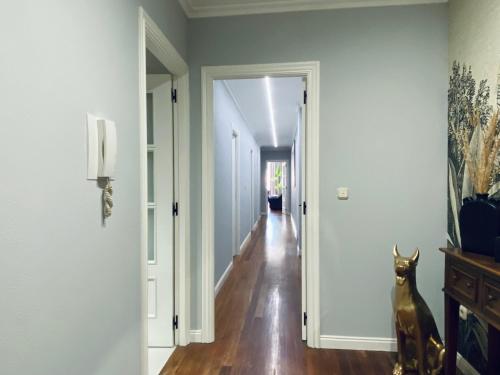 a hallway with white walls and a wooden floor at Piso Céntrico 120m2 + parking propio (O Grove) in O Grove