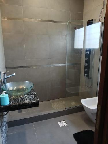 a bathroom with a sink and a glass shower at La FRANCESCA in Reconquista