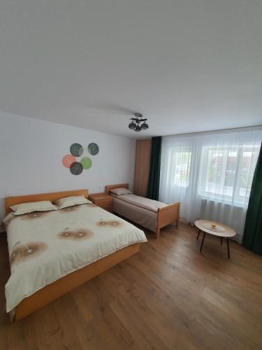 a bedroom with a bed and a couch and windows at BicazApart in Bicaz