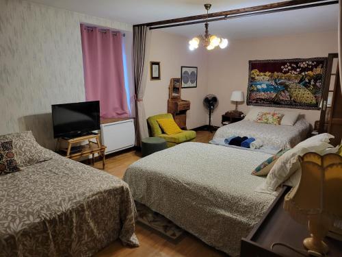 a bedroom with two beds and a flat screen tv at Chambre Familiale in Treignac