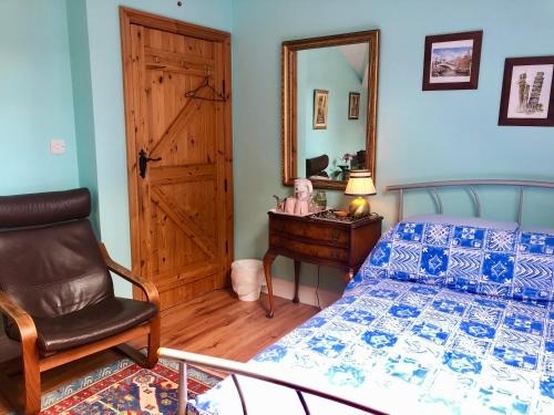 a bedroom with a bed and a chair and a mirror at Rural retreat near Knock in Ballyhaunis