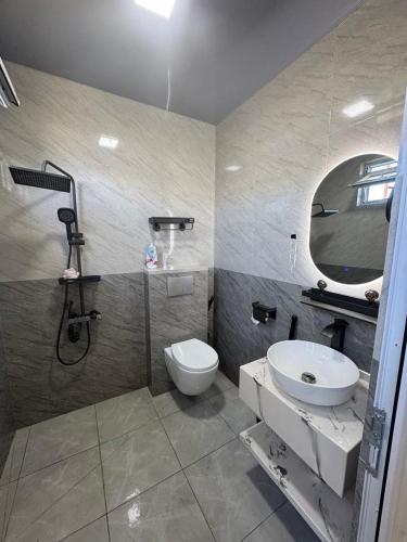 a bathroom with a sink and a toilet and a mirror at Tatia's guesthouse in Zugdidi