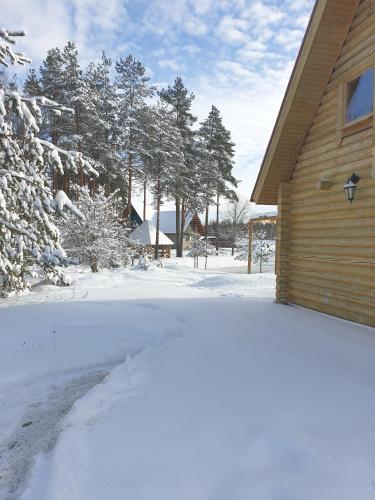 un patio cubierto de nieve junto a una casa en Jäneda Safari Puhkemaja, en Kõrveküla