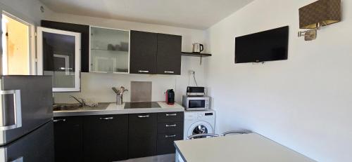 a kitchen with black cabinets and a sink and a dishwasher at T2 Résidence Dolce & Vita B3 avec piscine in Propriano