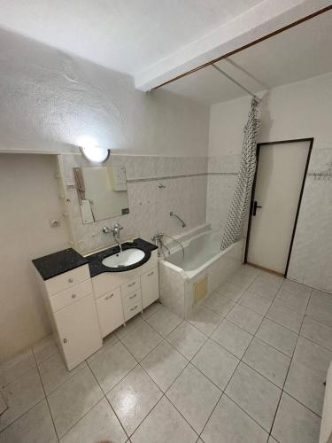 a bathroom with a sink and a bath tub at Wooden Bridge Residence in Karlovy Vary