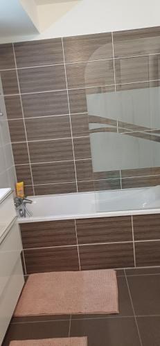 une salle de bain avec une baignoire et un lavabo dans l'établissement Appartement avec terrasse, proche centre, à Bayonne