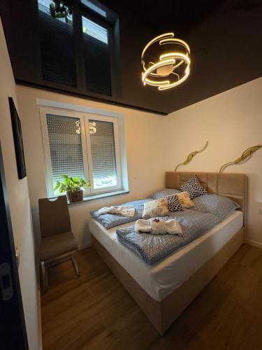 1 dormitorio con 1 cama con luz encendida en Sapore Dream STUDIO 3, en Opole