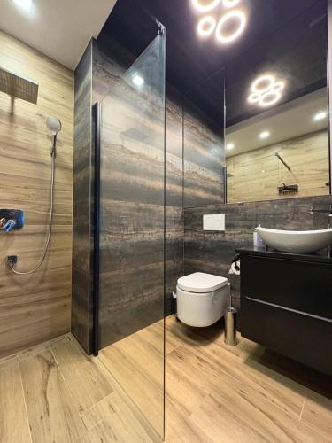 a bathroom with a sink and a toilet and a shower at Sapore Dream STUDIO 3 in Opole