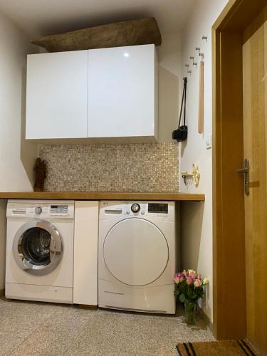 a kitchen with a washer and dryer in a room at Apartments Loket No 59 se zahradou in Loket