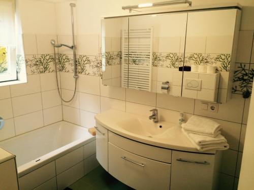 a bathroom with a sink and a tub and a mirror at Winzerhaus mit Fernblick in Krems an der Donau