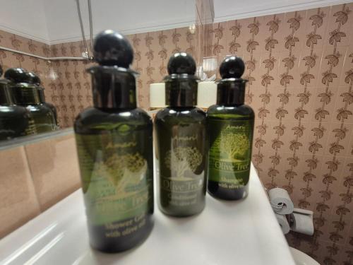 two bottles of soap sitting on top of a bathroom sink at Lilia Apartments A1 in Vrahati