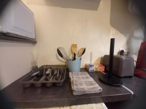 a kitchen counter with utensils on a counter top at Le Cocon Studio in Clermont
