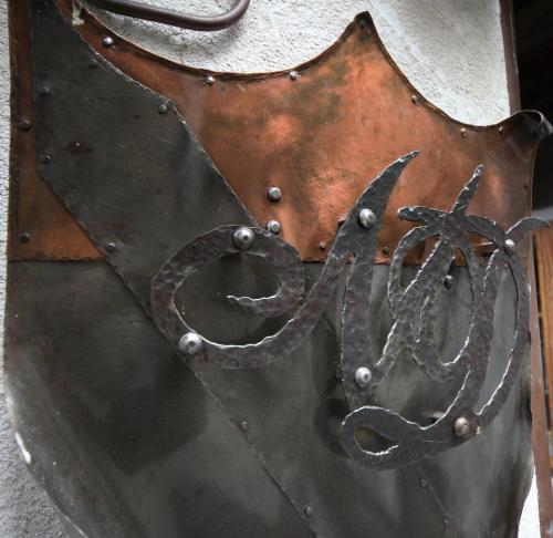 a metal door with a symbol on it at Eco Chalet Maison Dominique in Challand Saint Anselme