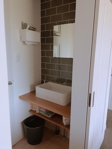 a bathroom with a white sink and a mirror at Glam Pool Terrace Shizunami in Makinohara