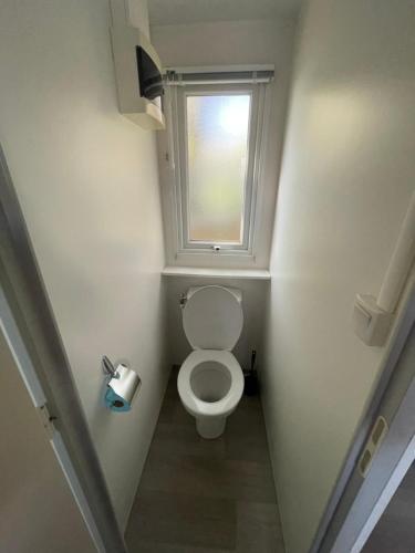 une petite salle de bain avec toilettes et fenêtre dans l'établissement Nouveau Vacance nature au calme, à La Boissière-de-Montaigu