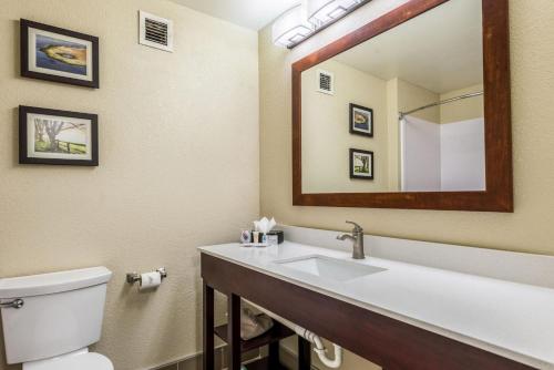 a bathroom with a sink and a toilet and a mirror at Comfort Inn & Suites Dayton North in Dayton