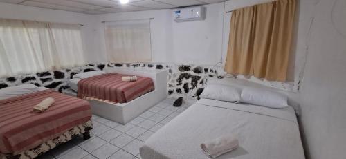 a room with two beds and two beds sidx sidx sidx sidx at Cabañas Don Jorge - Cabaña Fragata in Puerto Baquerizo Moreno