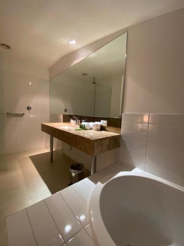 a bathroom with a toilet and a large mirror at St Falls Penthouse Apartment E602 in Falls Creek