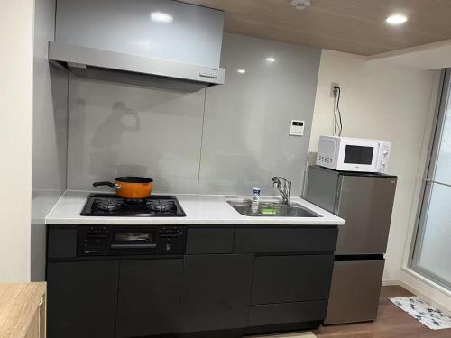 a kitchen with a stove and a sink and a microwave at WZNET新小岩101 成田空港都心便利商店街近い1LDK 43平 5Pax in Tokyo