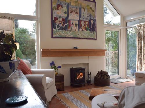 ein Wohnzimmer mit einem Kamin und einem Kamin in der Unterkunft Tucking Cottage in Treffgarne