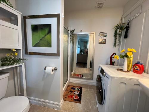 a bathroom with a washing machine and a mirror at Entire Cozy Apartment with Share Jacuzzi to Enjoy Amazing Views in Halifax