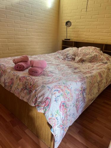 a bed with two pink towels on top of it at Las Dolinas 3 in Malargüe