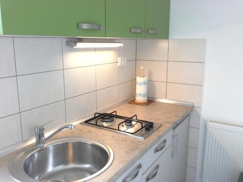 a kitchen counter with a sink and a stove at Apartment Zadraga in Tolmin