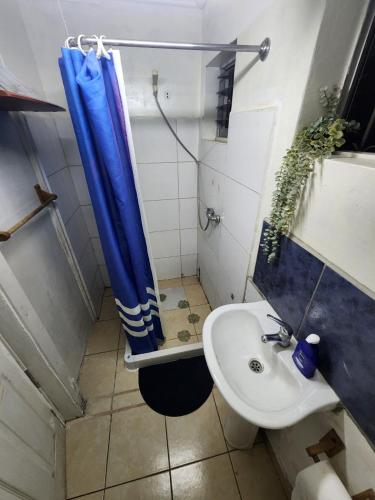 baño con cortina de ducha azul y lavamanos en Movistar Arena a 5 minutos, en Santiago