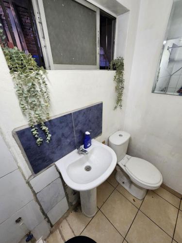 Un baño con un inodoro blanco y un lavabo. en Movistar Arena a 5 minutos, en Santiago
